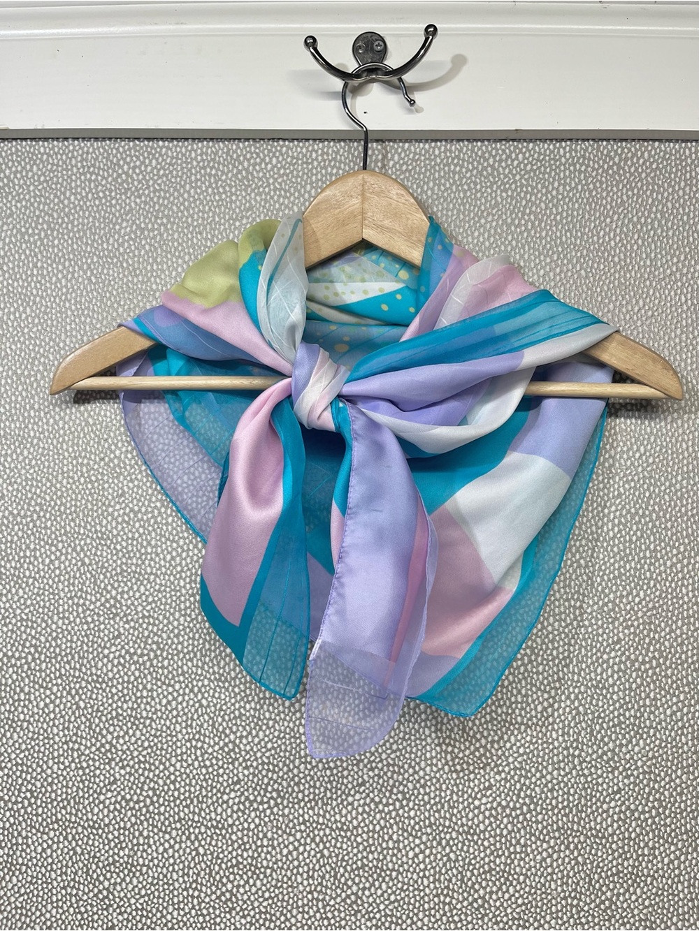 OS Vintage Abstract Pastel Silk Scarf Top Woman’s Outline Teal Pink Yellow